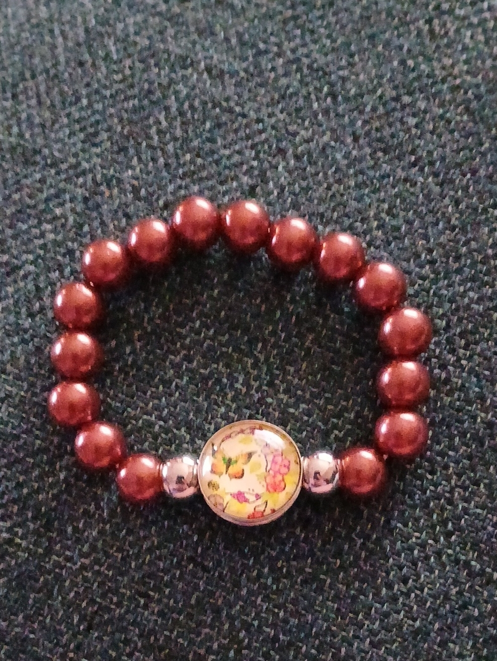 Women's Burgundy Beaded Stretch Bracelet with Floral Charm
